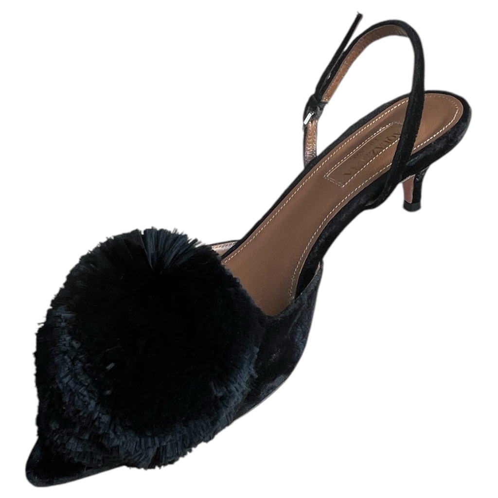 Amputee (R) Aquazzura Velvet Pom-Pom Embellishments Slingback Black Single Shoe